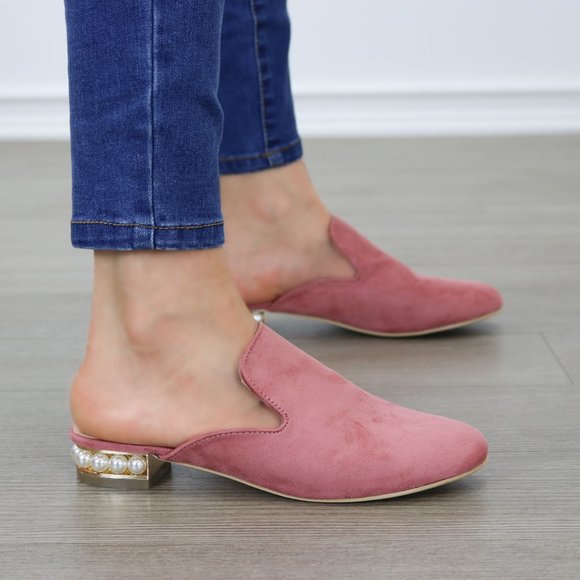Suede Slip On Loafer Mule Pearl Accents on Heel - Picture 6 of 9